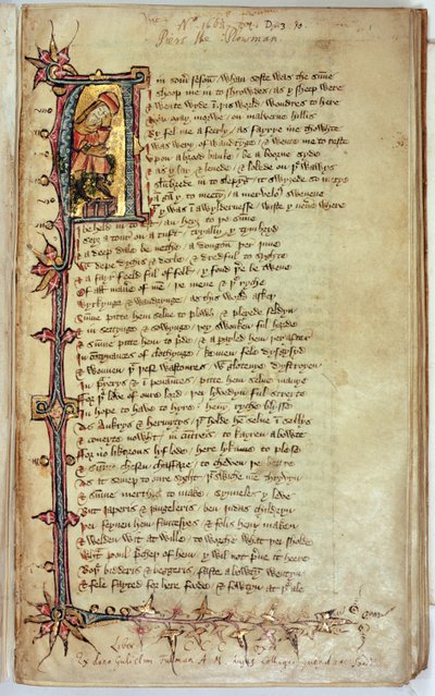 Page of text with historiated initial depicting the dreamer, from Piers Plowman by William Langland by English School